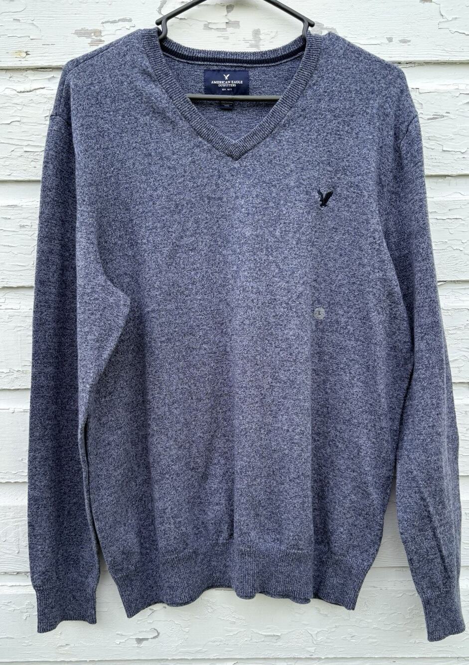 American Eagle Sweater V-Neck 100% Cotton Blue Heather Knit Size L NWOT